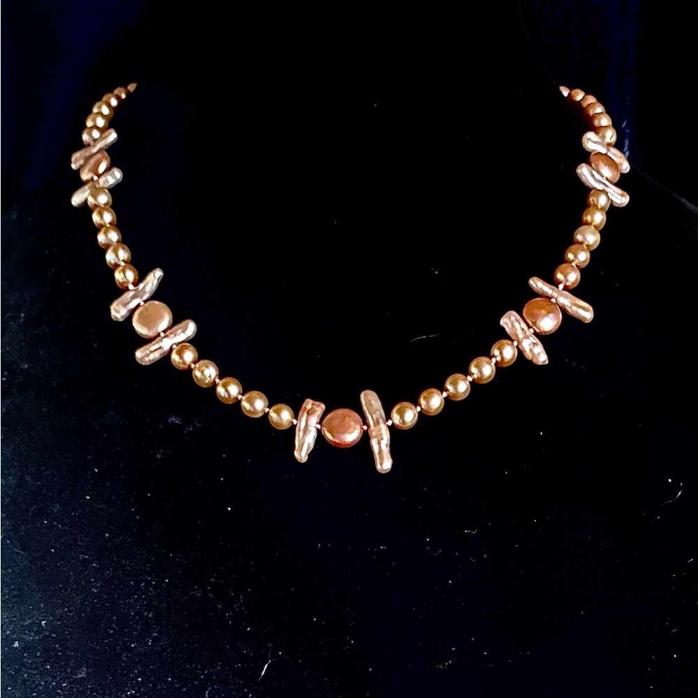 SHOJ Golden Biwa, Coin, & Round Freshwater Cultured Pearls. Sterling Clasp.